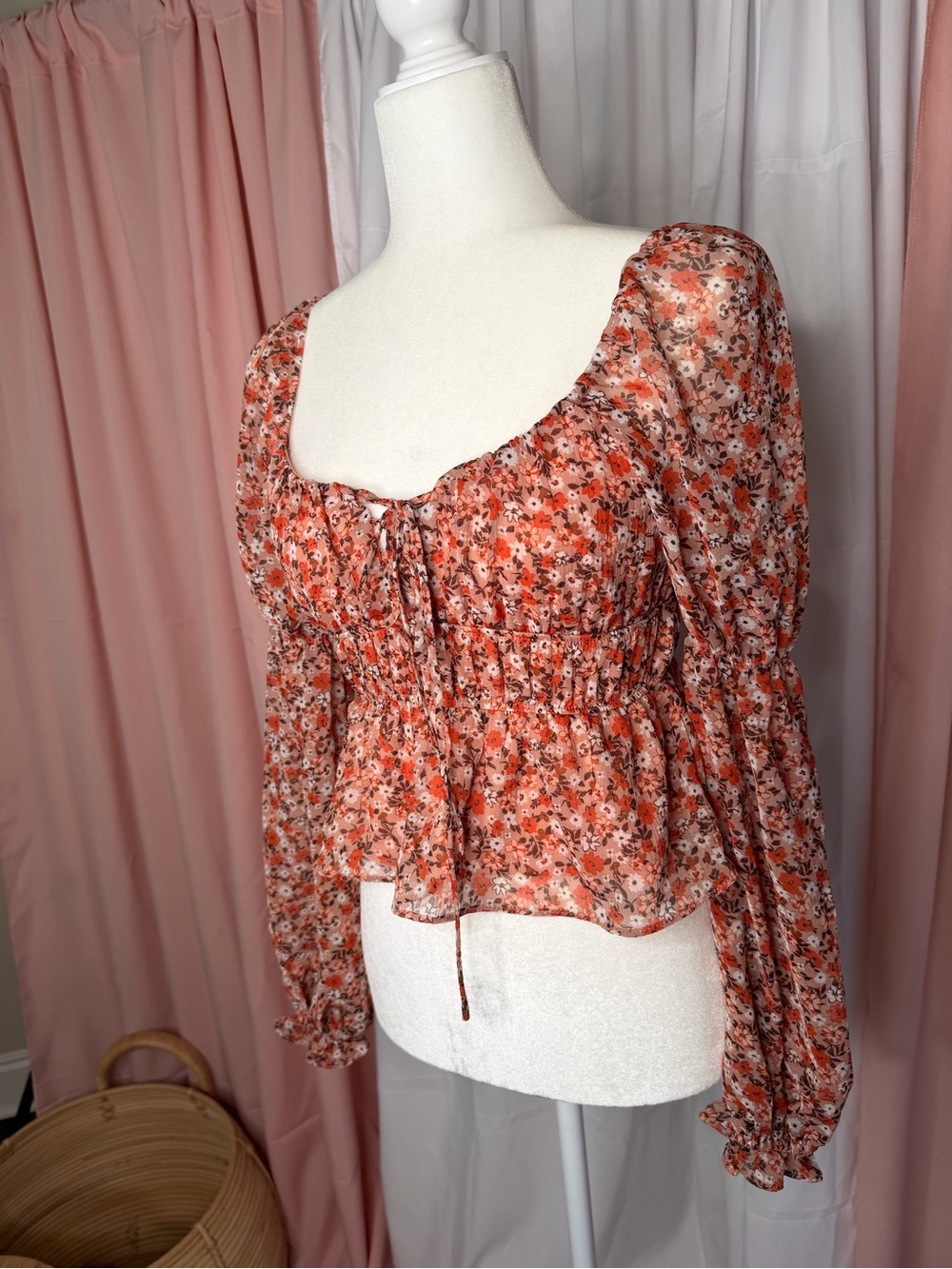 Urban Daizy Floral Peasant Top | Smocked Long Sleeve Boho Blouse | Size S